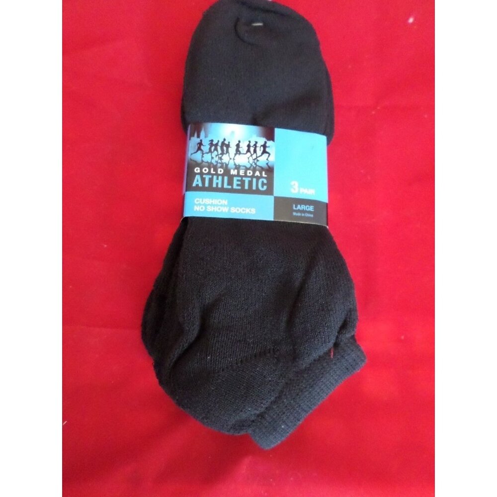 3 Pair Large Gold Medal No Show Cushioned Sole Athletic Black Socks 10-13